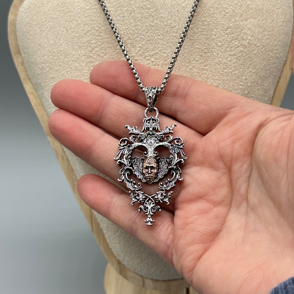 Vintage-Style Silver Tone Witch Head Gothic Fantasy Necklace 22" Statement